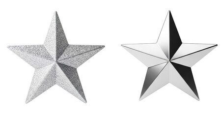 Silver Tree Topper Star set PNG. Sleek shiny five point star isolated for elegant Christmas decor, modern holiday themes and luxury seasonal designs. Christmas tree ornament PNG. Glitter star isolated