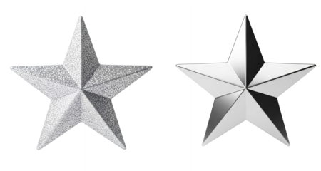 Silver Tree Topper Star set PNG. Sleek shiny five point star isolated for elegant Christmas decor, modern holiday themes and luxury seasonal designs. Christmas tree ornament PNG. Glitter star isolated