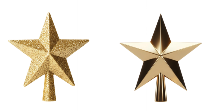 Gold Tree Topper Star set PNG. Sleek, shiny five point star isolated for elegant Christmas decor, modern holiday themes and luxury seasonal designs. Christmas tree ornament PNG. Glitter star isolated