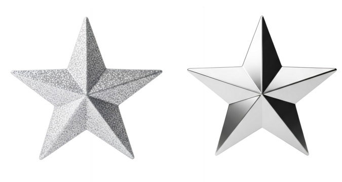 Silver Tree Topper Star set PNG. Sleek shiny five point star isolated for elegant Christmas decor, modern holiday themes and luxury seasonal designs. Christmas tree ornament PNG. Glitter star isolated
