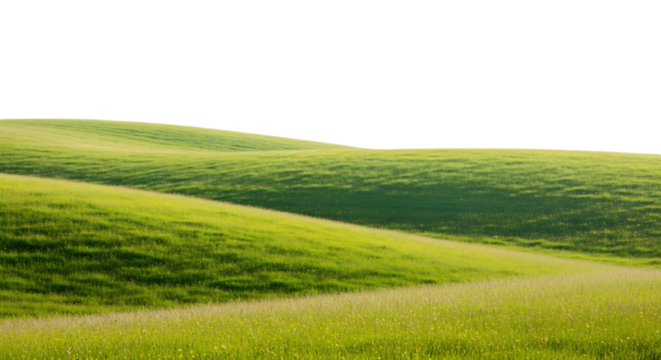 A scenic view of rolling green hills under a dark sky with sunlight illuminating the landscape