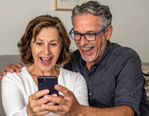 A joyful couple enjoys a moment together while looking at a smartphone, sharing laughter and excitement in a cozy indoor setting.