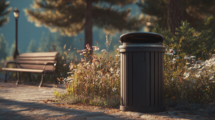 An urban park scene with a trash receptacle. A bench is near some greenery and a lamp post is in the background.
