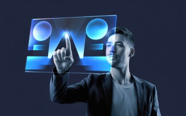 Young businessman in a suit jacket pointing at a glowing blue futuristic virtual reality dashboard