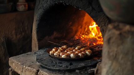 Chicken kebabs sizzling on a skewer inside a traditional clay tandoor oven, glowing fire visible