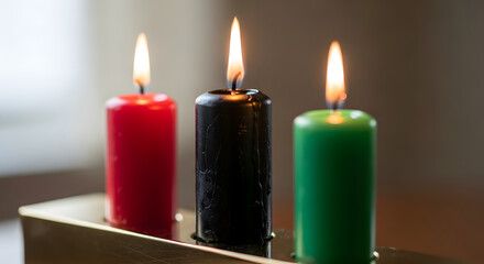 Three lit Kwanzaa candles in red, black, and green glow warmly, symbolizing unity and heritage.