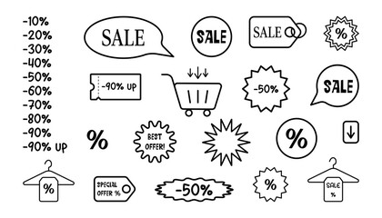 Clean vector set of shopping and sale icons on a white background, featuring bags, carts, tags, discounts, and commerce symbols, ideal for marketing, promotions, and store designs. Icon Collection. 