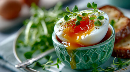 Soft-boiled egg with runny yolk served in a ceramic bowl with microgreens, styled in a fresh gourmet presentation