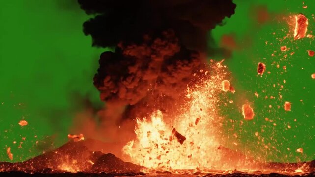 Dynamic volcanic eruption unleashes fiery explosion and billowing dark smoke against a vibrant green screen background, perfect for visual effects and dramatic storytelling.