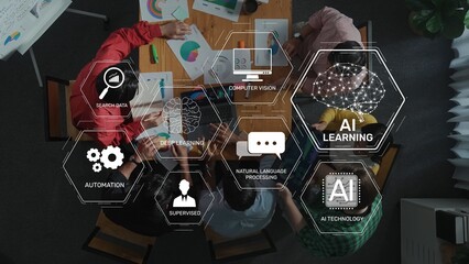 A diverse team collaborates over data analysis and AI technology, highlighting deep learning and computer vision in a modern workspace with digital tools. Raster