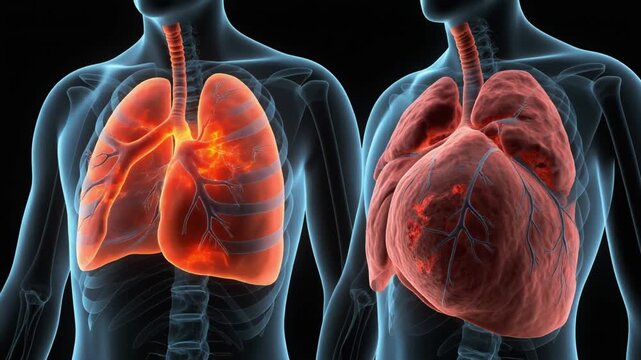 Medical illustration comparing healthy human lungs on the left with diseased, enlarged lungs on the right.