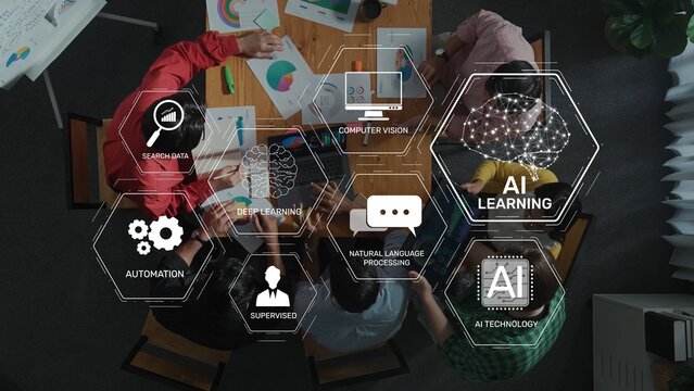 A diverse team collaborates over data analysis and AI technology, highlighting deep learning and computer vision in a modern workspace with digital tools. Raster