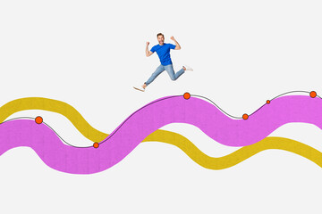 Full 3d artwork banner collage of happy businessman run colorful doodle line aim achievement success promotion chance purpose