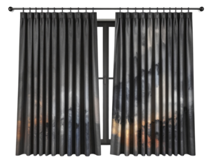 Dark gray pleated curtains covering a window with subtle colorful light filtering through