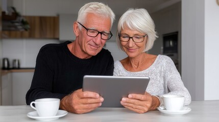 An elderly couple sits at a table, smiling and looking at a tablet. They enjoy each other's company in a cozy home setting.