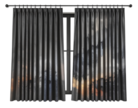 Dark gray pleated curtains covering a window with subtle colorful light filtering through