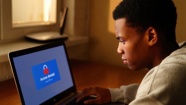 A young man looks frustrated while staring at a laptop showing an access denied message. The setting is a cozy indoor workspace with warm lighting.