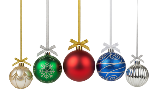 Set of Christmas baubles hanging isolated on white or transparent background