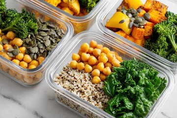 Four meal prep containers filled with nutritious foods including quinoa, chickpeas, and vegetables. Ideal for healthy eating and meal planning.