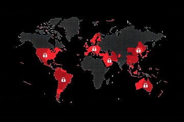 A digital world map highlighting cybersecurity threats with lock icons. Represents global security concerns and data protection.