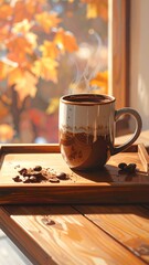 Warm coffee cup next to autumn leaves.