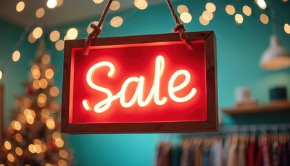 Red neon sale sign hangs inside store during festive promotion. Christmas tree garland lights visible. Retail offers discounts event. Commercial store interior ready for holiday shopping sale.