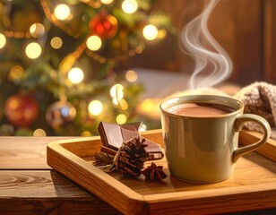 Warm cup of chocolate by festive lights.