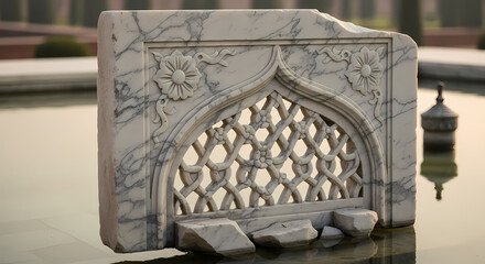Exquisite antique marble jali screen fragment with intricate floral carvings reflecting in tranquil water, evoking timeless elegance and historical artistry