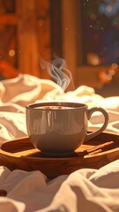 Warm coffee cup on cozy blanket.