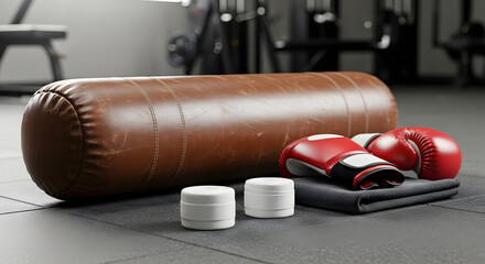 Vintage leather punching bag with boxing gloves and wraps on gym floor