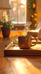 Warm cup of coffee on cozy table setting.