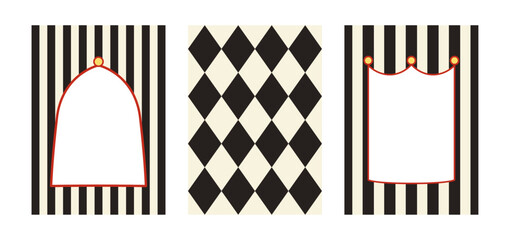 Set of abstract festival geometric frames in circus concept. Vector backgrounds with black stripes and rhombuses. Holiday designs for birthday, christmas, holiday greeting cards and invitations © Felizabeth