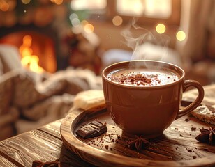 Warm cup of coffee by a cozy fireplace.