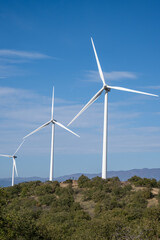 Fototapeta premium Three wind turbines rise from a hilly landscape under a clear sky, symbolizing clean energy and modern sustainability.