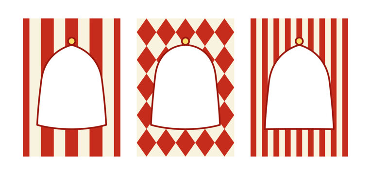 Set of abstract festival geometric frames in circus concept. Vector backgrounds with red stripes and rhombuses. Holiday designs for birthday, christmas, holiday greeting cards and invitations