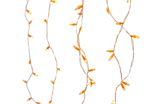 Hanging string lights with warm yellow bulbs isolated on transparent background