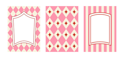 Set of holiday greeting cards and backgrounds. Hand drawn frames on striped and rhombuses backgrounds. Vector flat festival circus design for birthday cards, christmas holiday invitations, etc. © Felizabeth