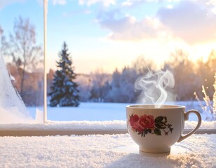 Warm cup of tea against snowy landscape.