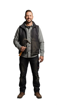 Smiling 40-45-year-old White man, a skilled dry stone waller holding a hammer, isolated on transparent background. Ideal for construction, landscaping, home improvement ads,