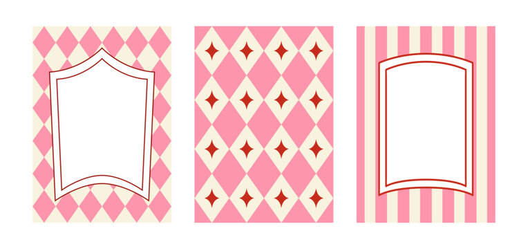 Set of holiday greeting cards and backgrounds. Hand drawn frames on striped and rhombuses backgrounds. Vector flat festival circus design for birthday cards, christmas holiday invitations, etc.