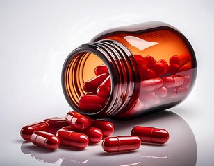 Amber bottle with red pills spilling over a white backdrop