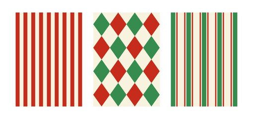 Set of abstract holiday christmas vector backgrounds with striped and rhombus checkered pattern. Templates for greeting cards, posters, social media designs
