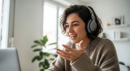 Jeune femme freelance française, portant un casque audio et racontant quelque chose avec enthousiasme pendant une visioconférence. Ambiance de travail à domicile, création de contenu, cours en ligne .