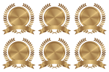 Six golden laurel wreath medals with ribbons isolated on transparent background