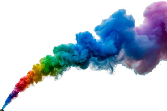Rainbow colored smoke cloud swirling and expanding isolated on transparent background