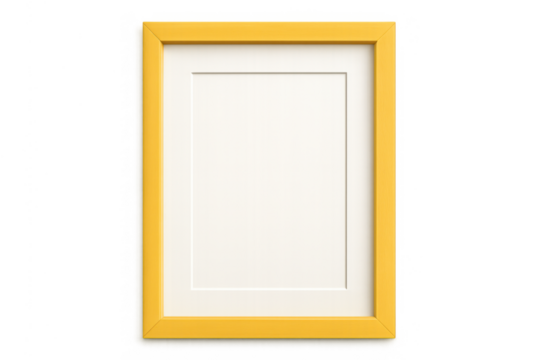 Yellow picture frame mockup for blank artwork, presenting border, mat, and empty space for custom content on transparent background