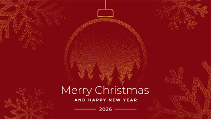Modern christmas greeting card with dot art bauble and snowflake pattern. Holiday celebration and Happy New Year 2026 concept for festive design.