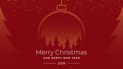 Merry Christmas and Happy New Year 2026 red background with dotted gold Christmas tree and ornament. Holiday greeting card design.