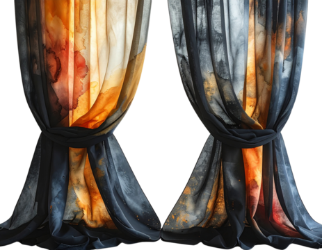 Abstract flowing fabric curtains with warm and cool color gradients