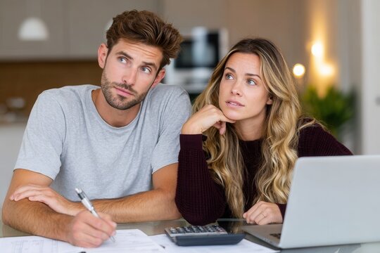 A young couple engaged in a serious discussion about their finances at a modern home office. The atmosphere is focused and contemplative.